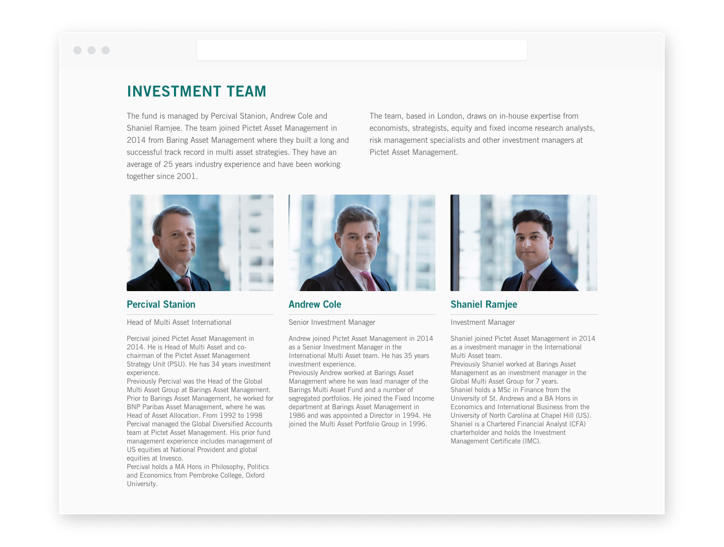 A web browser showing the investment team on the home page