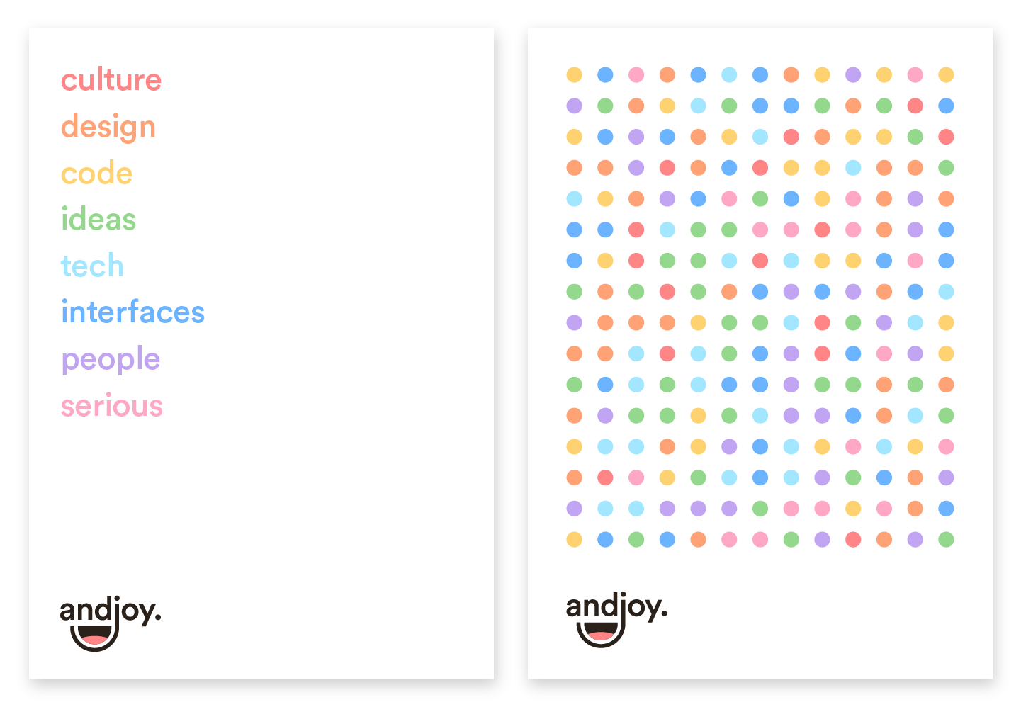 Two posters composed with brand identity key words and plenty of colored dots