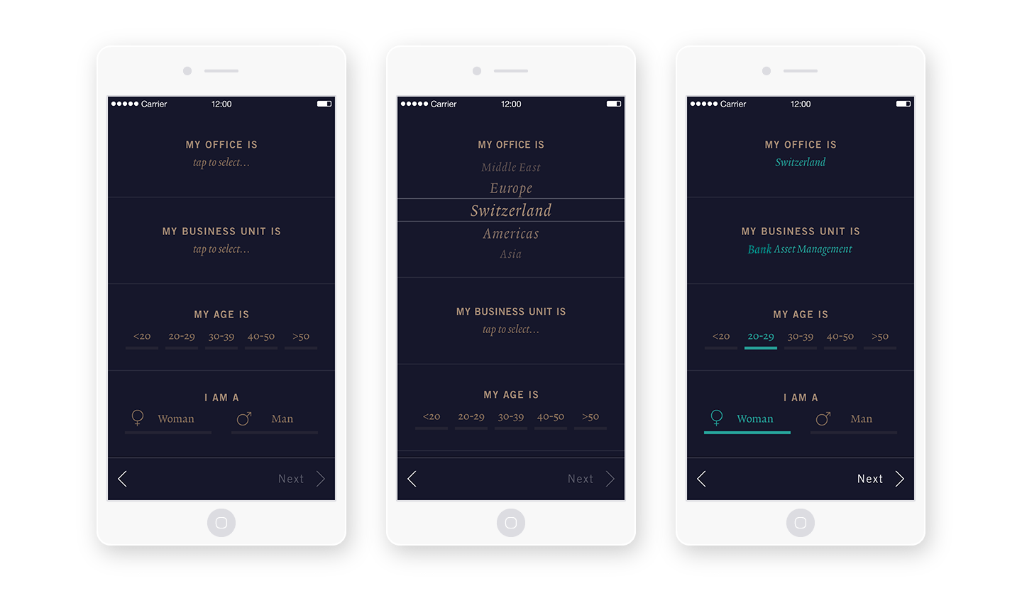 Three iOS smartphones showing the sign up form workflow